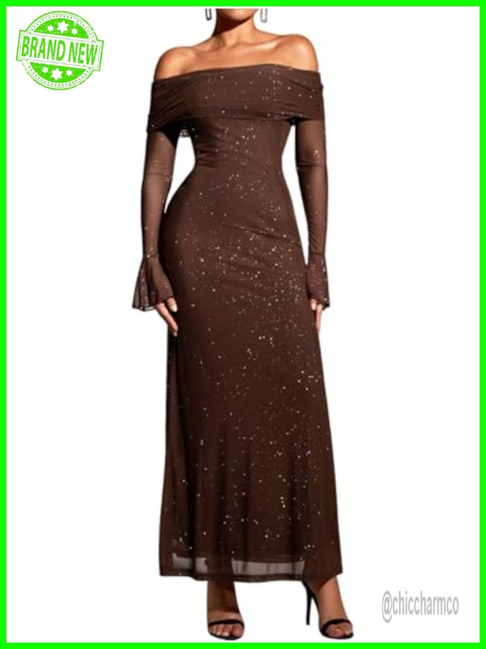 Off Shoulder Long Sleeve Sequin Maxi Dress